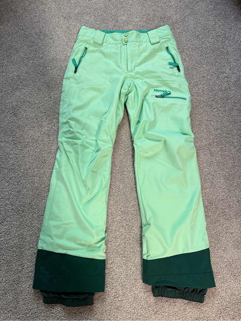 Marmot Mint Green Kids Snow Pants with Dark Green Hem